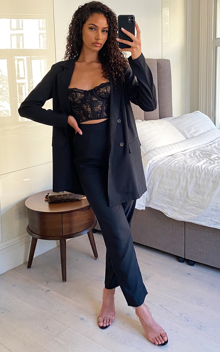 Black Woven Straight Leg Trousers