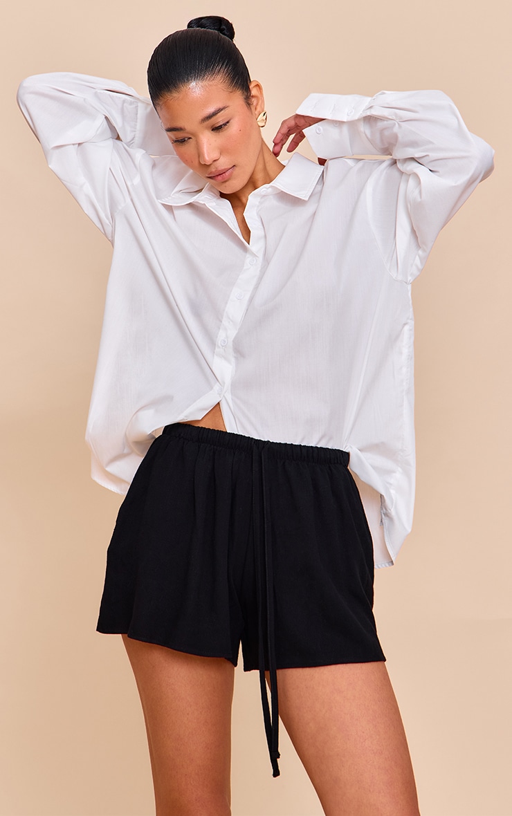 Black Linen Look Floaty Drawstring Shorts image 1