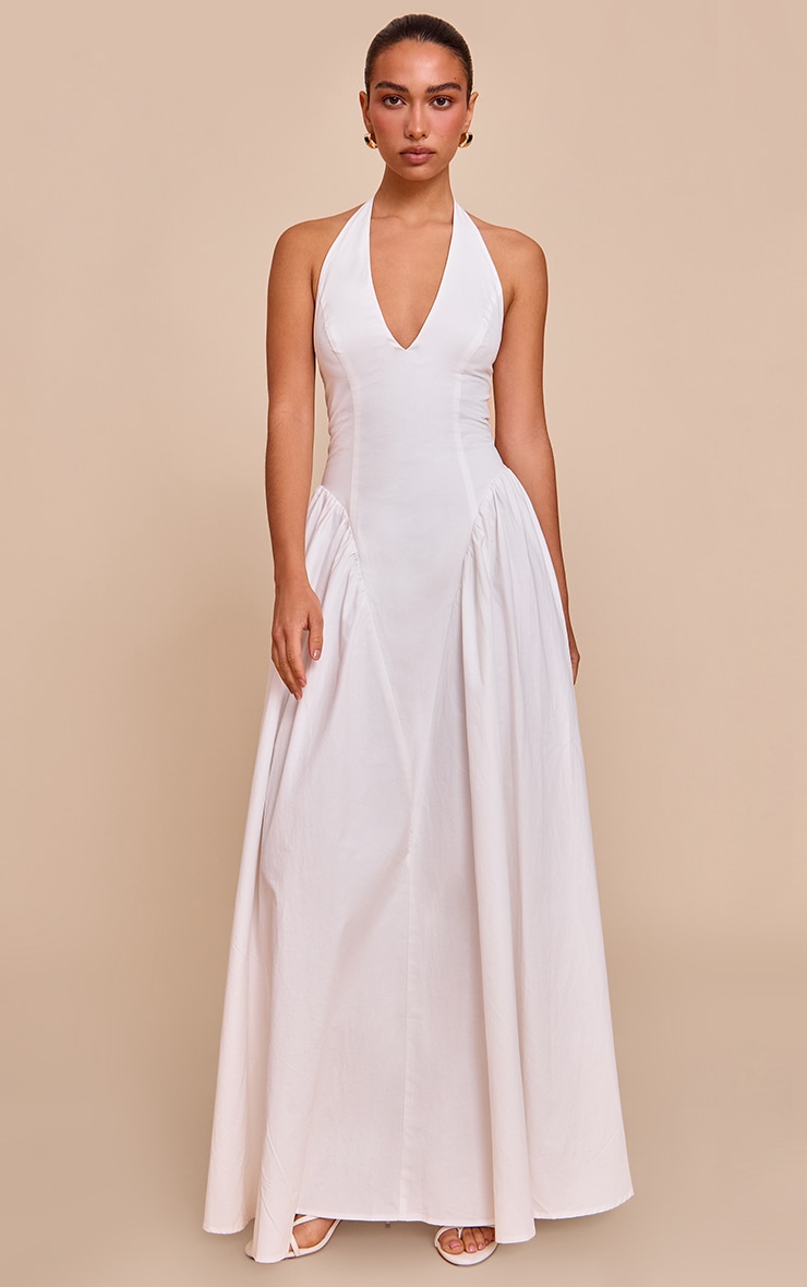 White Woven Halterneck Plunge Midaxi Dress image 1