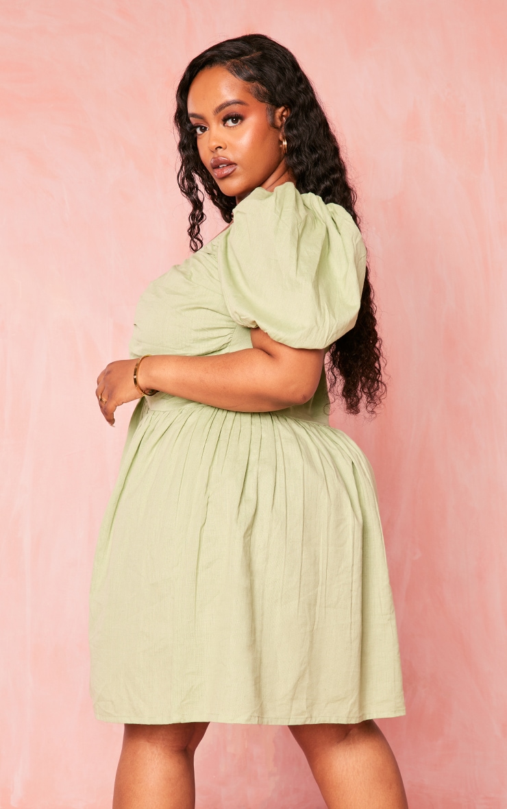 Plus Sage Green Linen Look Puff Sleeve Dress image 1