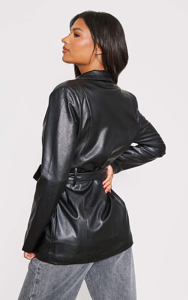 Black Faux Leather Statement Belted Blazer Outerwear PLT QA