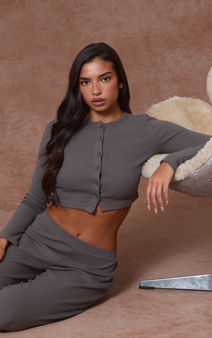 Charcoal Grey Brushed Rib Button Cardigan image 1