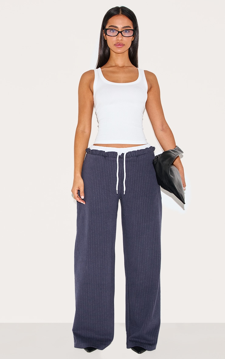Petite Navy Pinstripe Contrast Waistband Wide Leg Pants image 2
