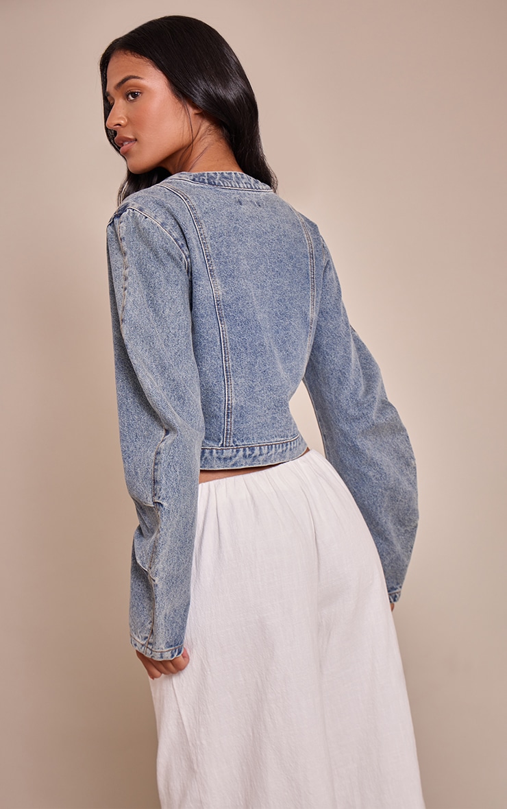 Tall Vintage V Neck Curved Hem Cropped Denim Jacket image 2