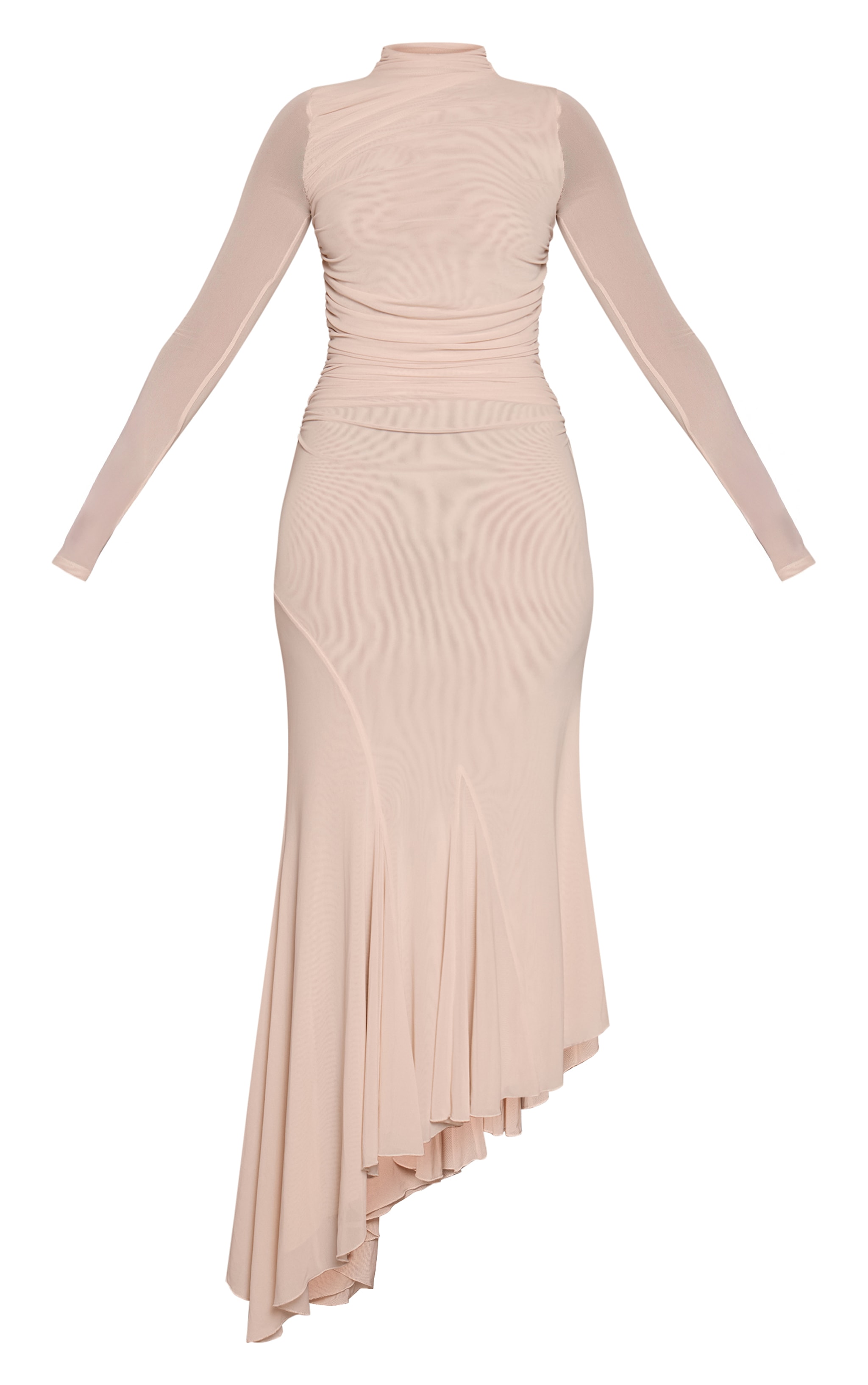 Cream Mesh Long Sleeve High Neck Ruched Maxi Dress image 5