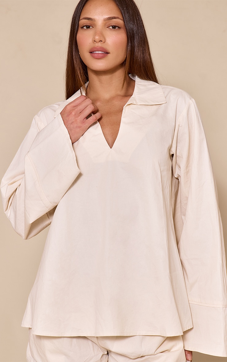 Tall Cream Cotton Woven Boxy Long Sleeve Collar Top image 4