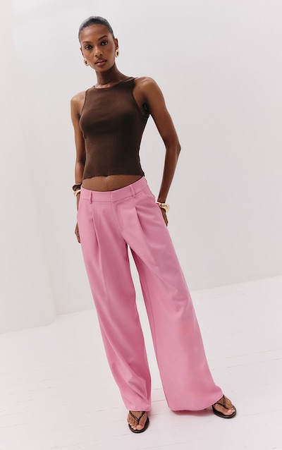 Pink Woven Double Pleat Wide Leg Pant