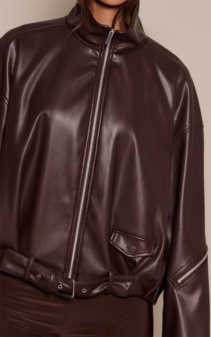 Chocolate Low Belt Detail Ruched Faux Leather Biker Jacket image 4