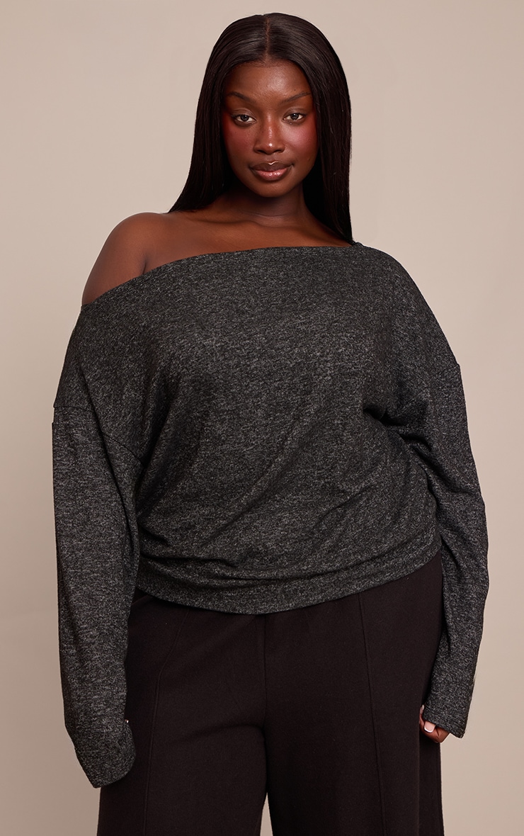Plus Charcoal Grey Soft Knit Asymmetric Oversized Slouchy Long Sleeve Top image 1
