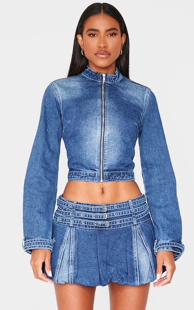Indigo Buckle Detail Cropped Moto Jacket