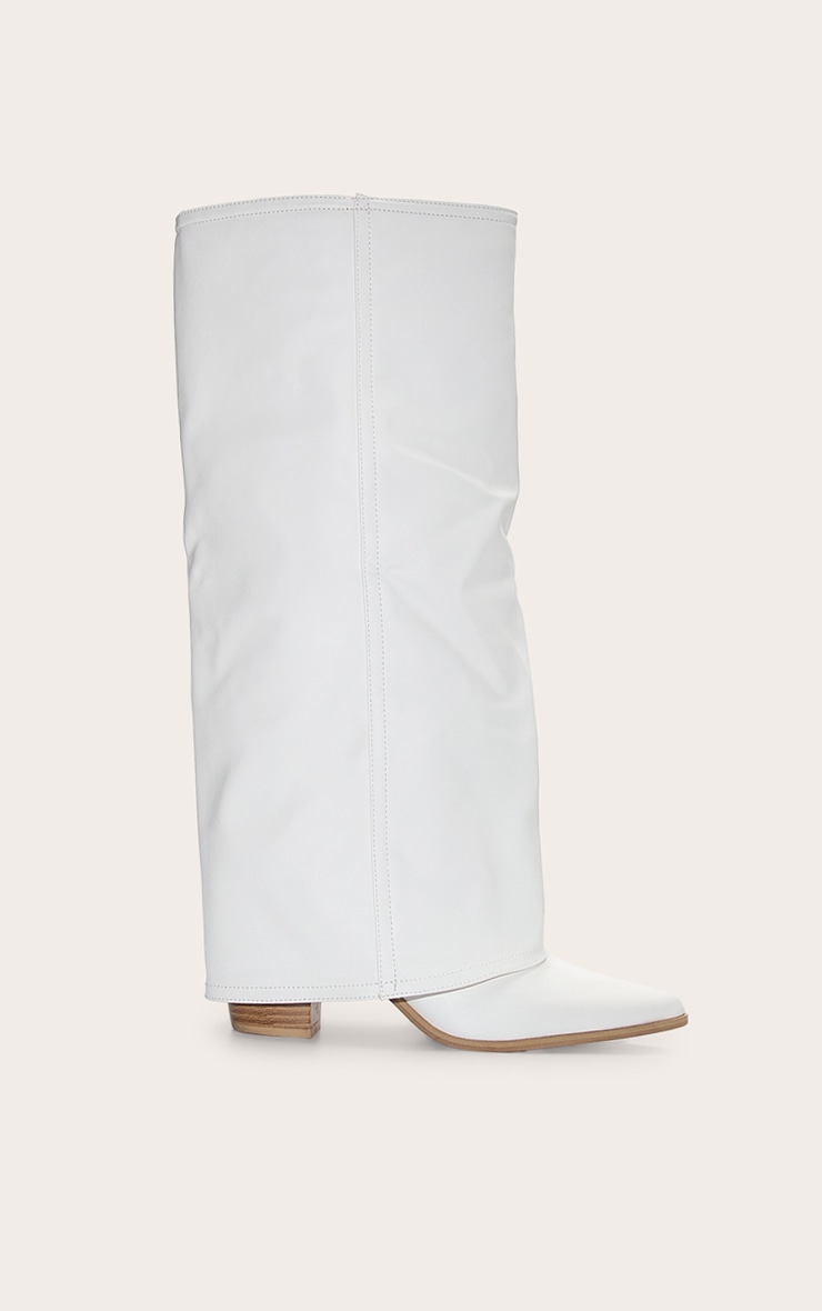 Bottes Western Large Blanches en PU à Talon Bloc et Revers sur le Genou image 1