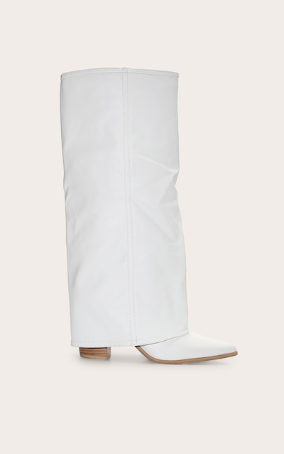Wide Fit White Pu Fold Over Knee High Block Heel Western Boots
