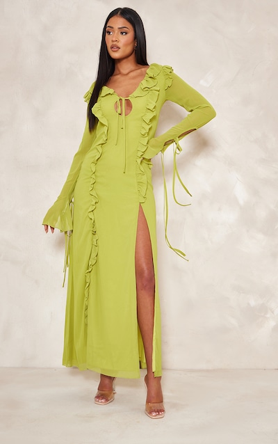 Tall Lime Frilled Long Sleeve Maxi Dress