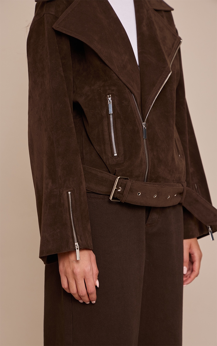 Dark Chocolate Faux Suede Oversized Biker Jacket image 4