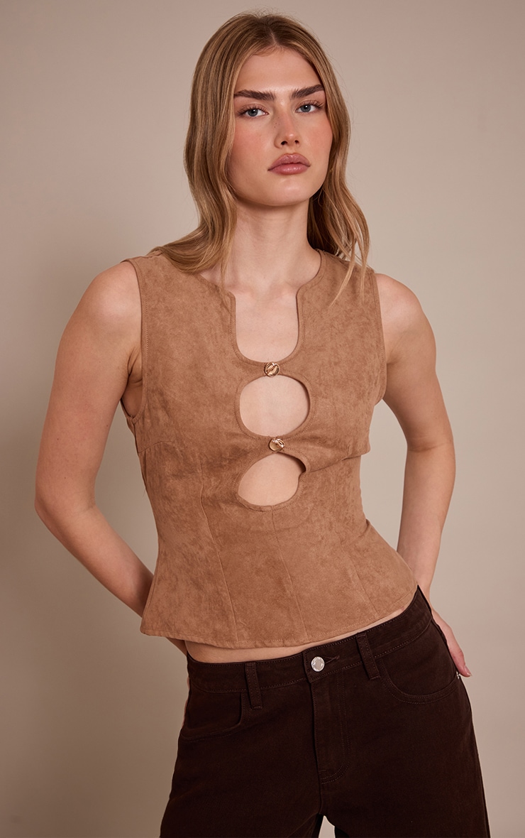 Sand Faux Suede Fitted Cut Out Long Top image 1