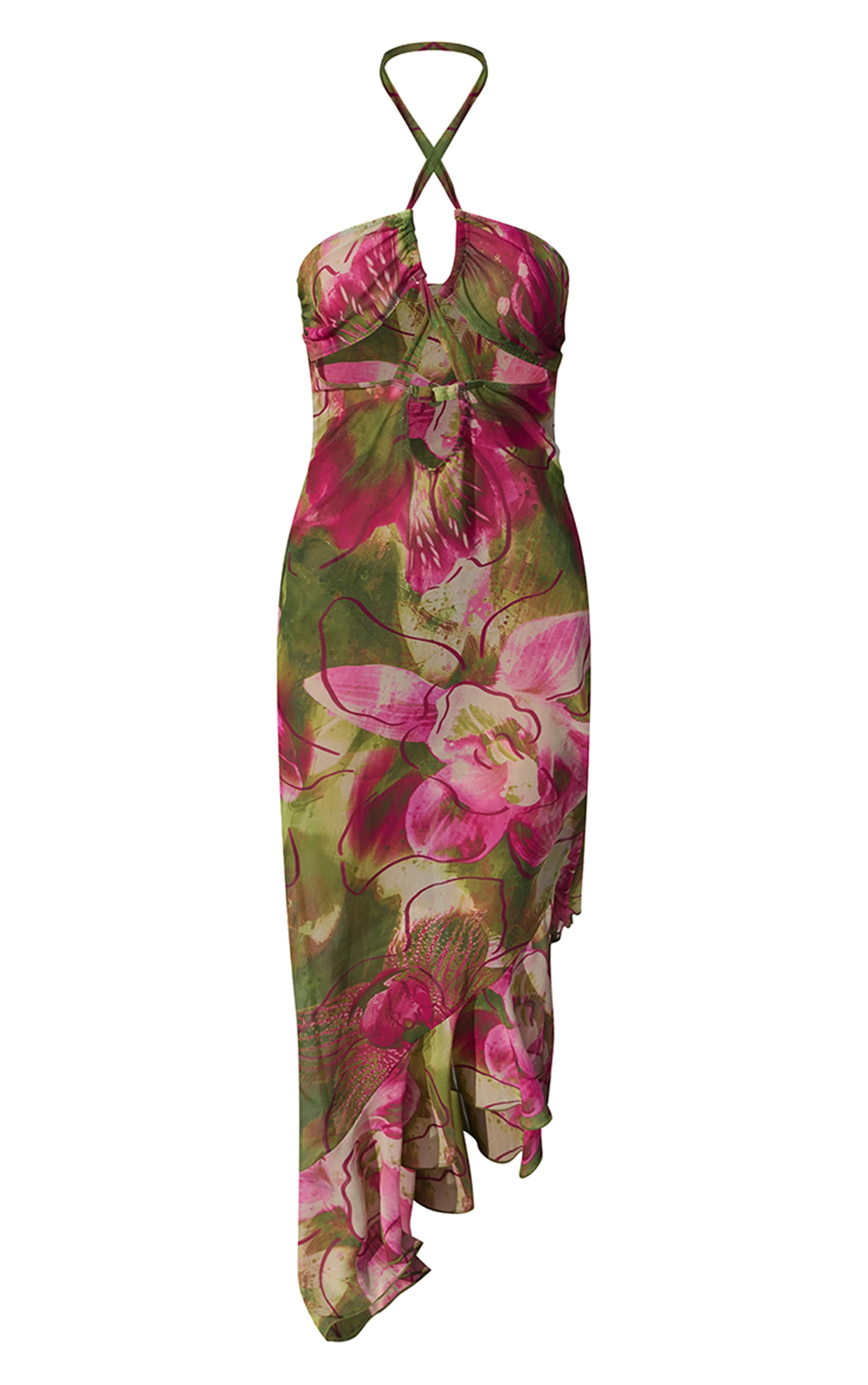 Olive Orchid Print Chiffon Frill Maxi Beach Dress image 5