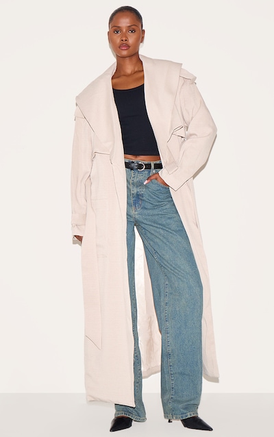 Ecru Textured Tie Detail Oversized Trench Coat