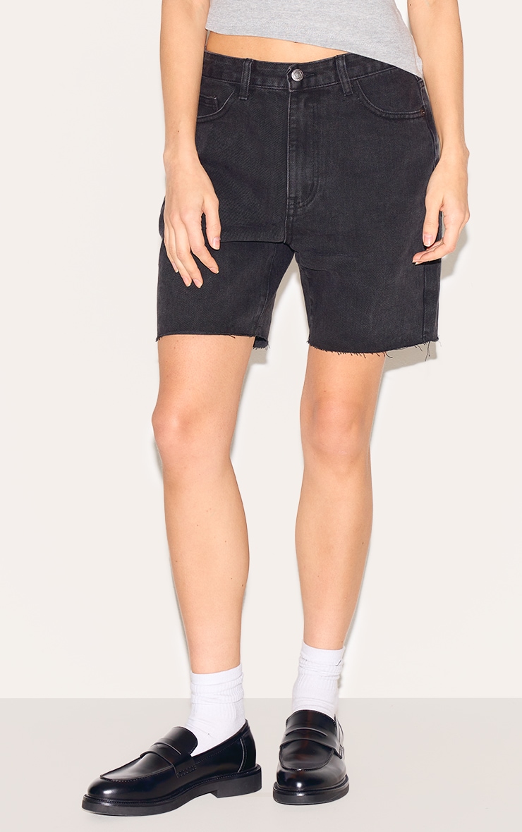 Washed Black Longline Fitted Denim Shorts image 2