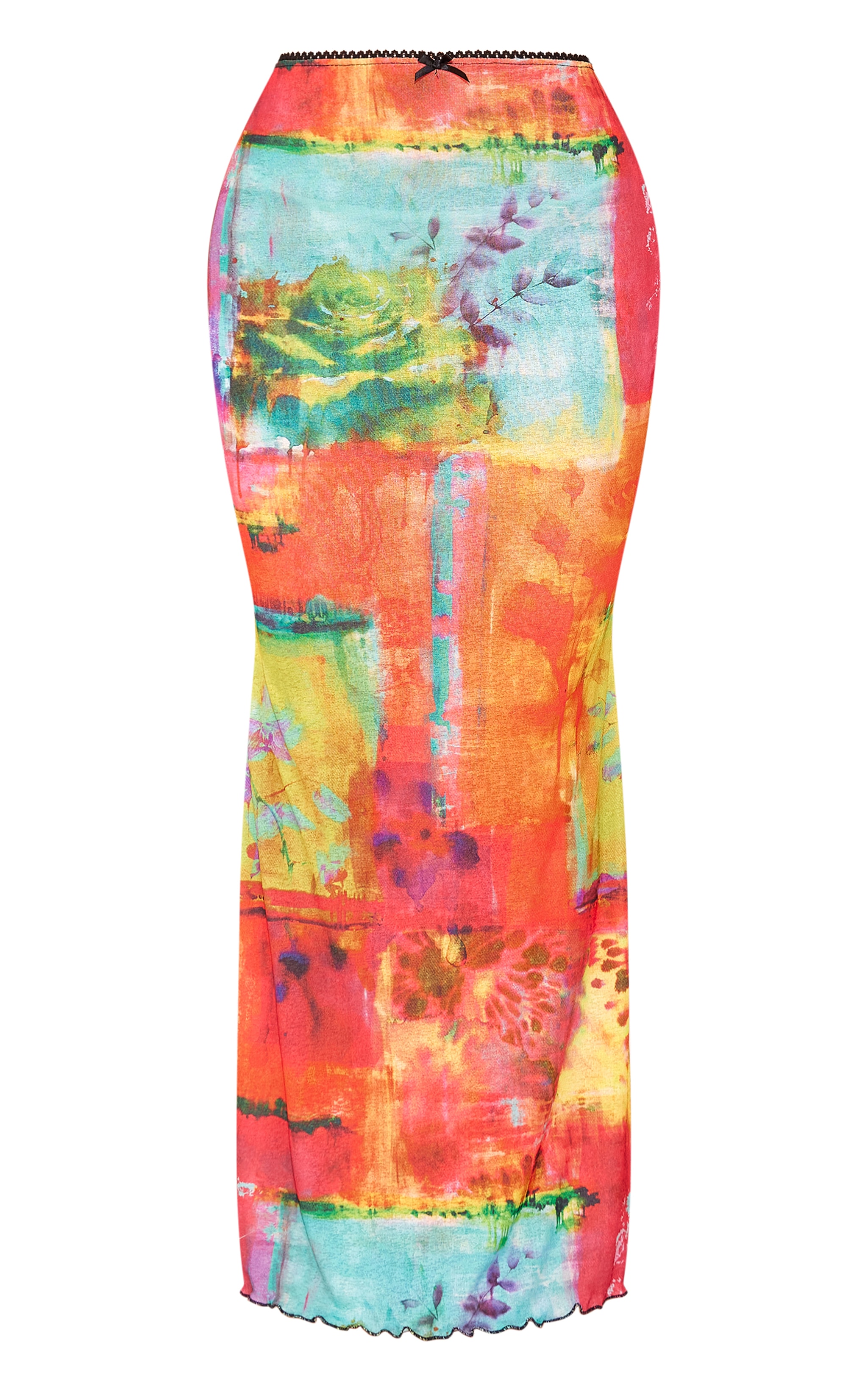 Bright Pink Floral Abstract Onion Skin Lettuce Hem Low Rise Maxi Skirt image 5