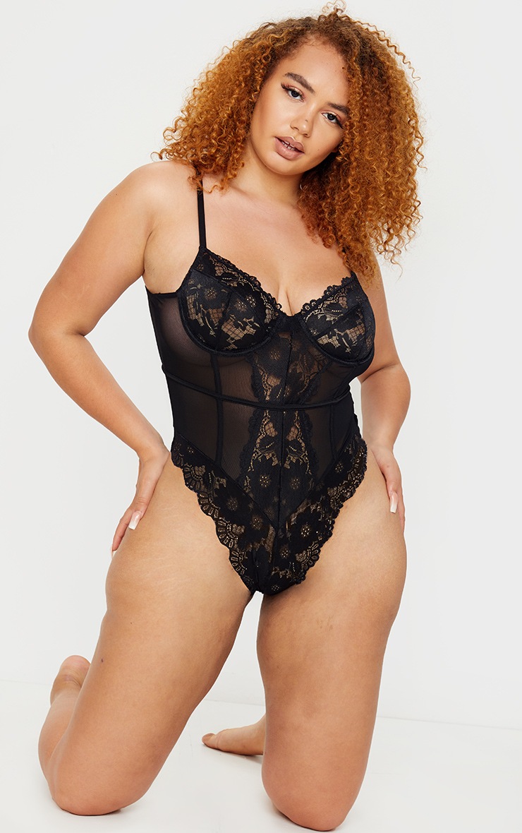 Plus Black Underwired Cage Detail Lace Body