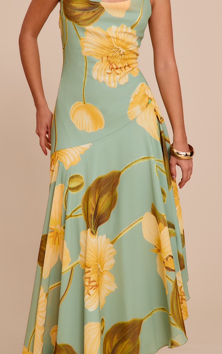 Green Floral Printed Strappy Cowl Neck Maxi Dress image 4