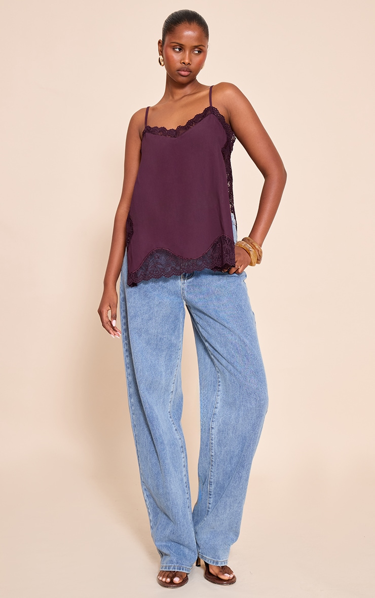 Dark Plum Woven Lace Trim Detail Strappy Cami Top image 3