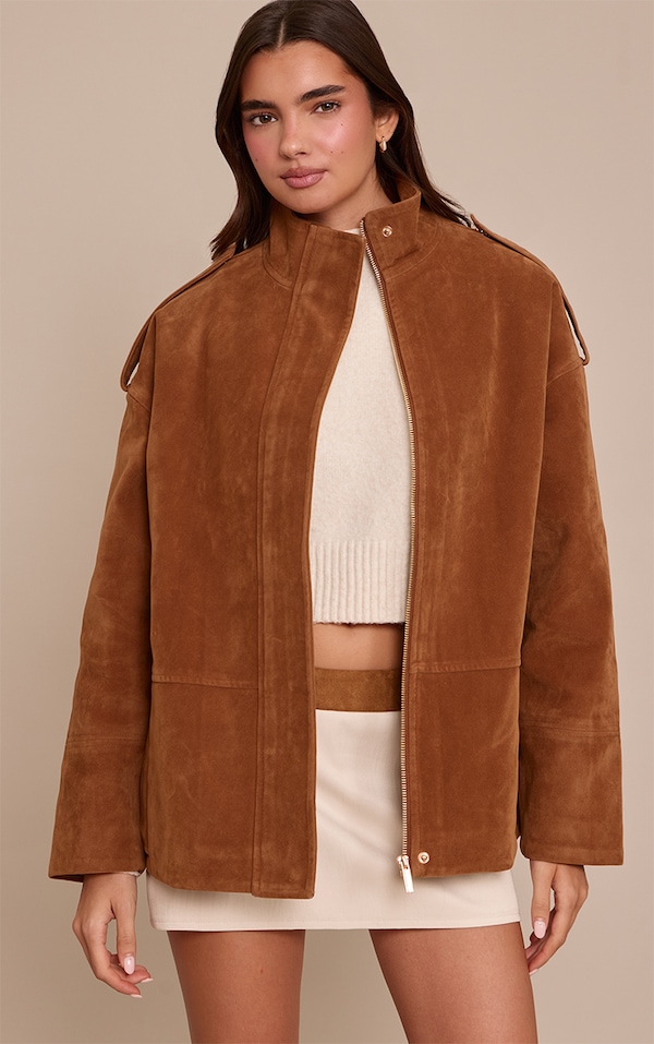 Tan Funnel Neck Concealed Placket Longline Suede Jacket 