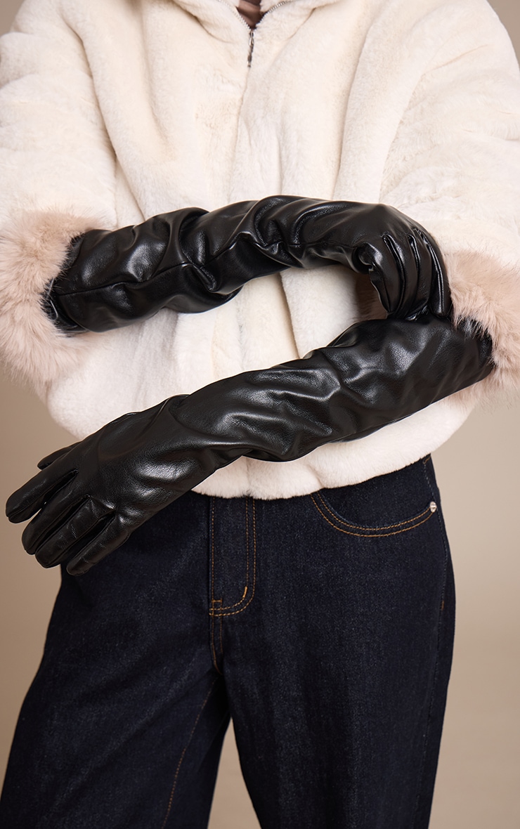 Black Contrast Full Length Fur Trim Gloves image 1