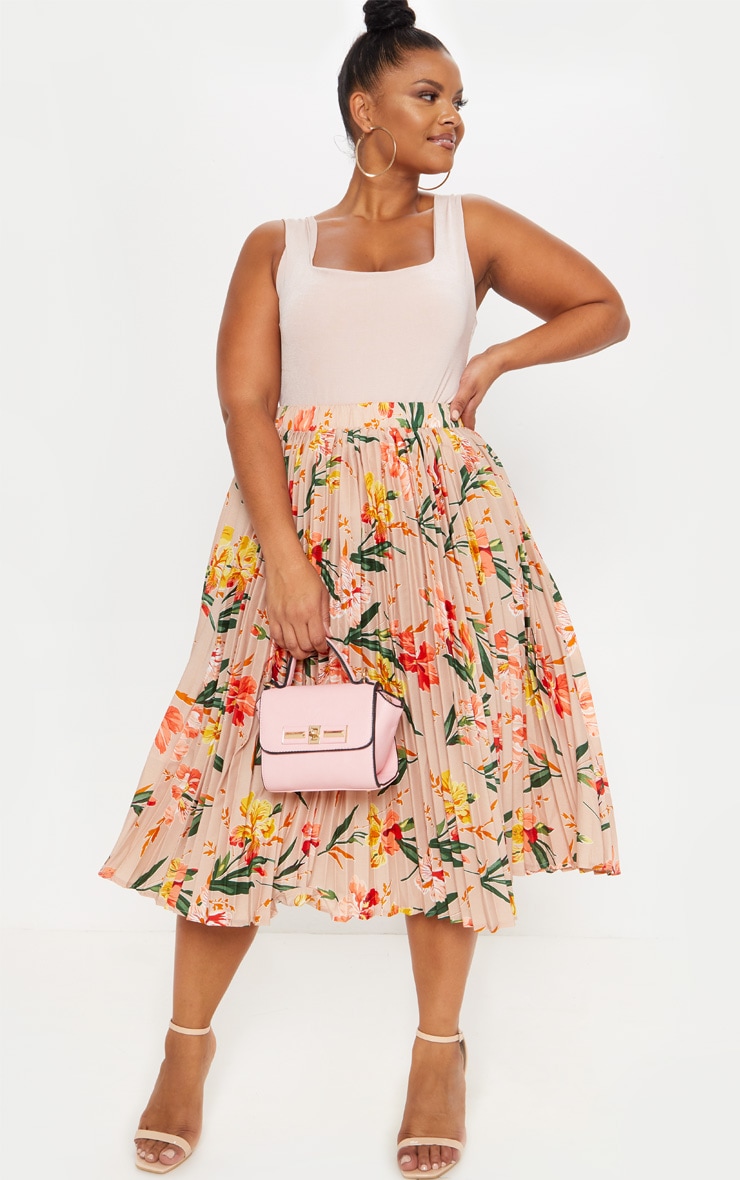 Plus Pink Pleated Midi Skirt Plus Size PrettyLittleThing