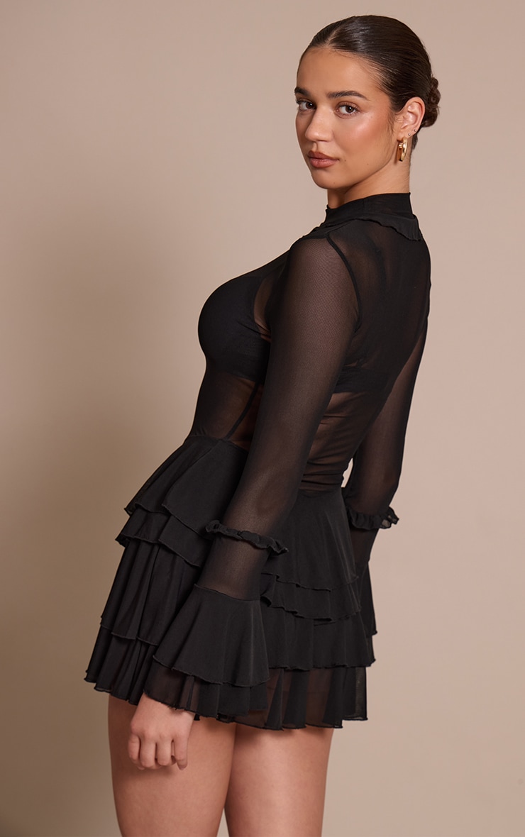 Black Mesh Frill Detail Smock Dress image 2