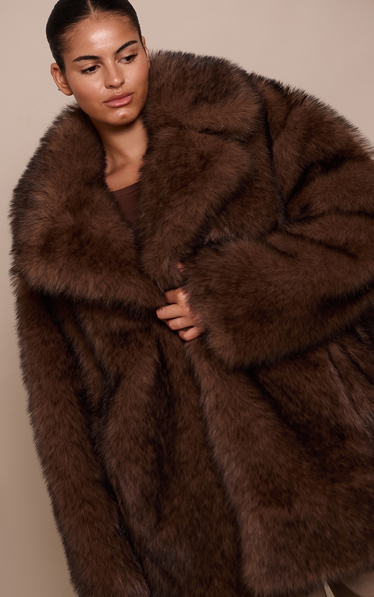 Plus Chocolate Oversized Midi Faux Fur Coat image 4