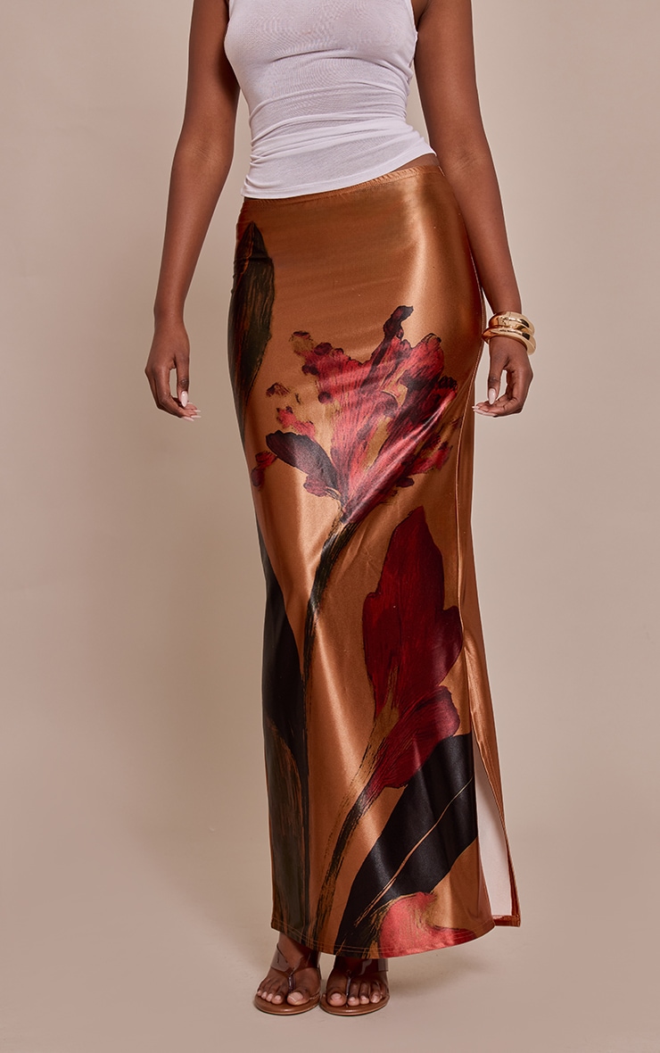 Blush Floral Print Stretch Satin Maxi Skirt image 2