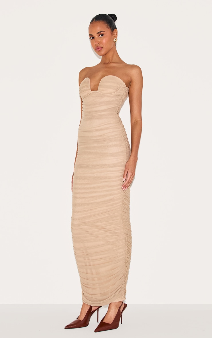 Robe bustier longue en mesh gris champignon froncée image 3