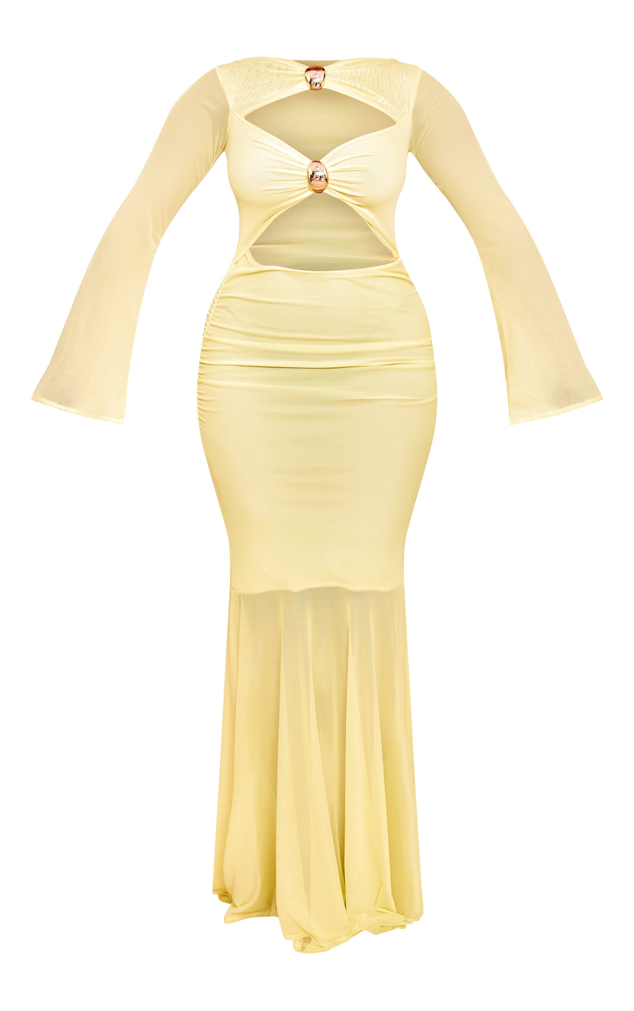 Shape Butter Yellow Mesh Gold Trim Cut Out Dropped Hem Maxi Dress image 5
