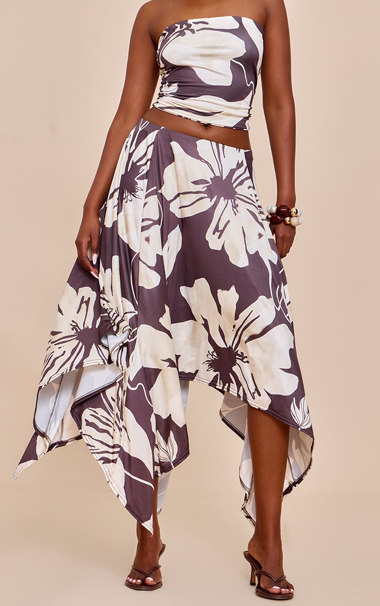 Brown Floral Print Slinky Asymmetrical Hem Maxi Skirt image 2