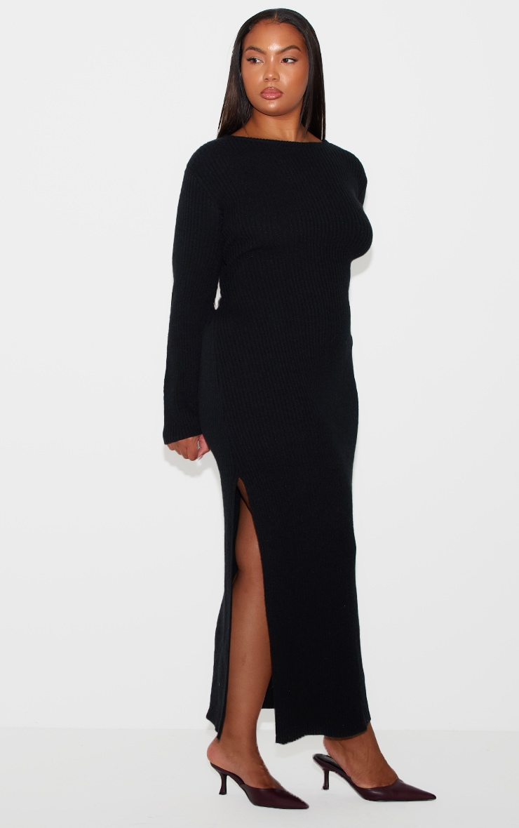 Plus Robe longue en maille tricot côtelée noire à manches longues et dos échancré image 3