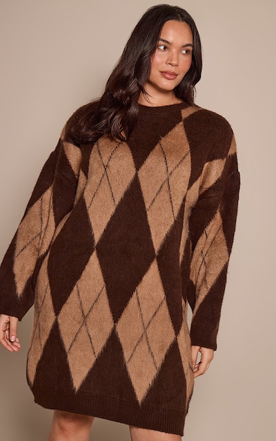 Plus Chocolate Argyle Brushed Knitted Mini Jumper Dress