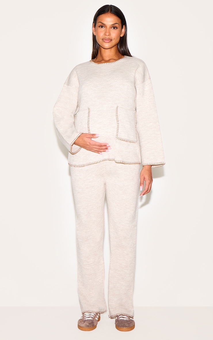 Maternity Oatmeal Knitted Contrast Stitch Pocket Detail Jumper image 3