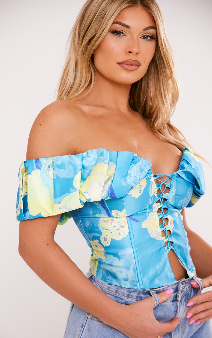 Blue Floral Structured Satin Extreme Ruched Lace Up Boned Corset Top image 4