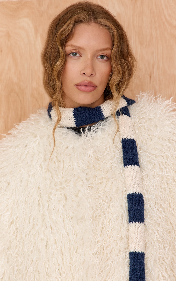 Navy Striped Cream Skinny Knit Scarf