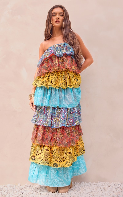 Multi Patchwork Paisley Print Tiered Maxi Dress