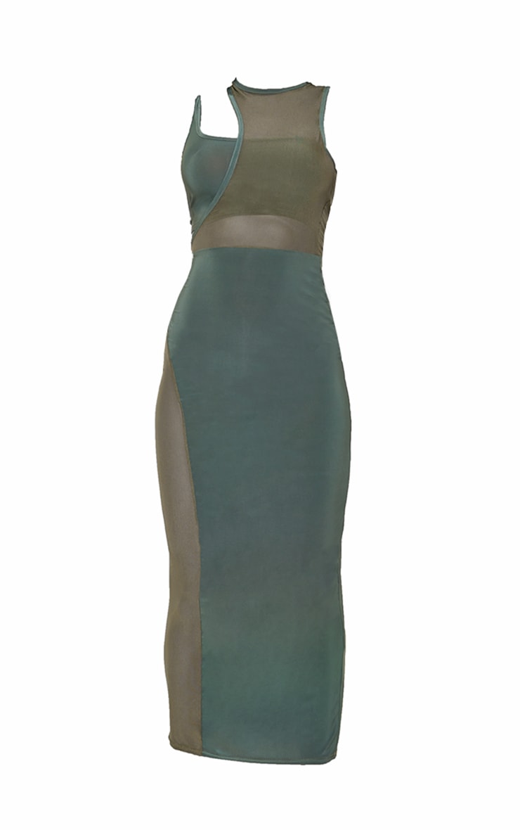 Olive Slinky Mesh Insert Racer Midaxi Dress image 5