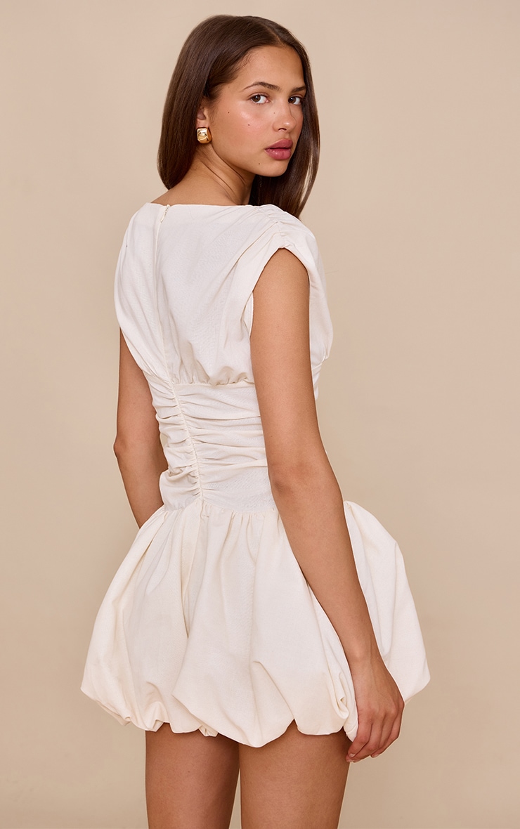 Cream Boat Neck Ruched Detail Puffball Dress image 2