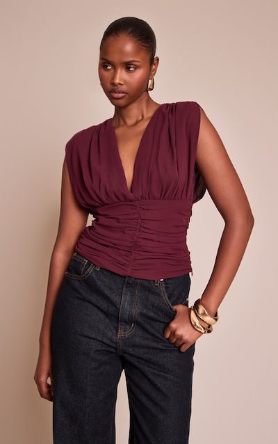 Wine Chiffon Plunge Ruched Bodice Top