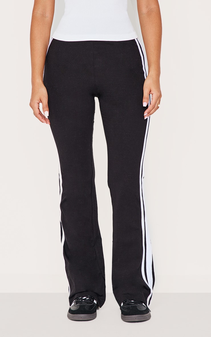 Petite Black Jersey Slim Fit Stripe Detail Flared Pants image 1