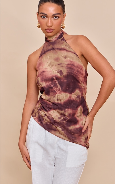 Purple Abstract Print High Neck Asymmetric Top