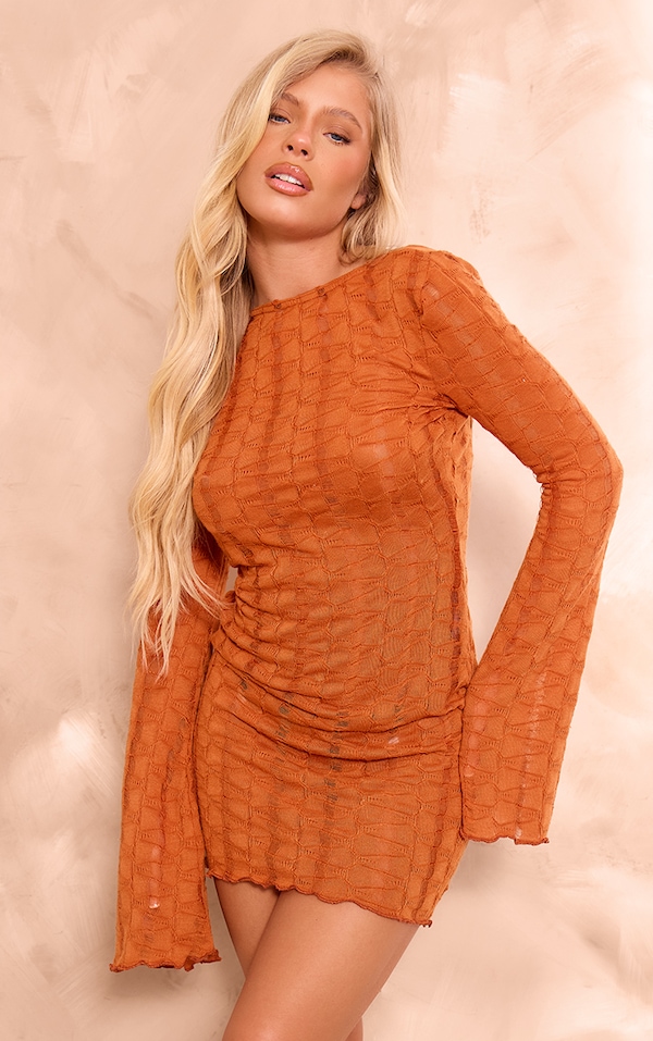 Rust Textured Laddered Flare Sleeve Scoop Back Shift Dress