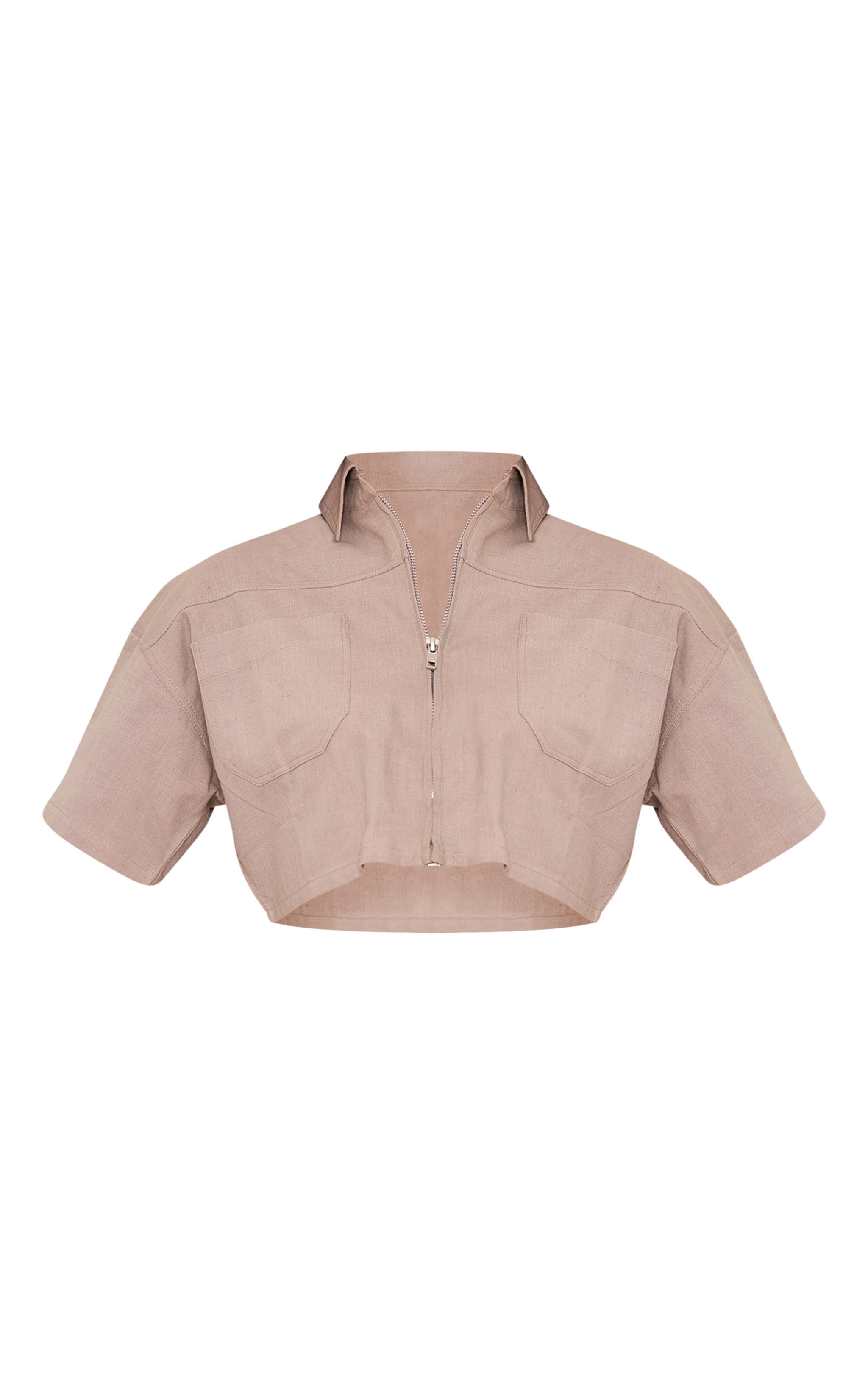 Taupe Linen Look Zip Front Crop Utility Shirt image 5