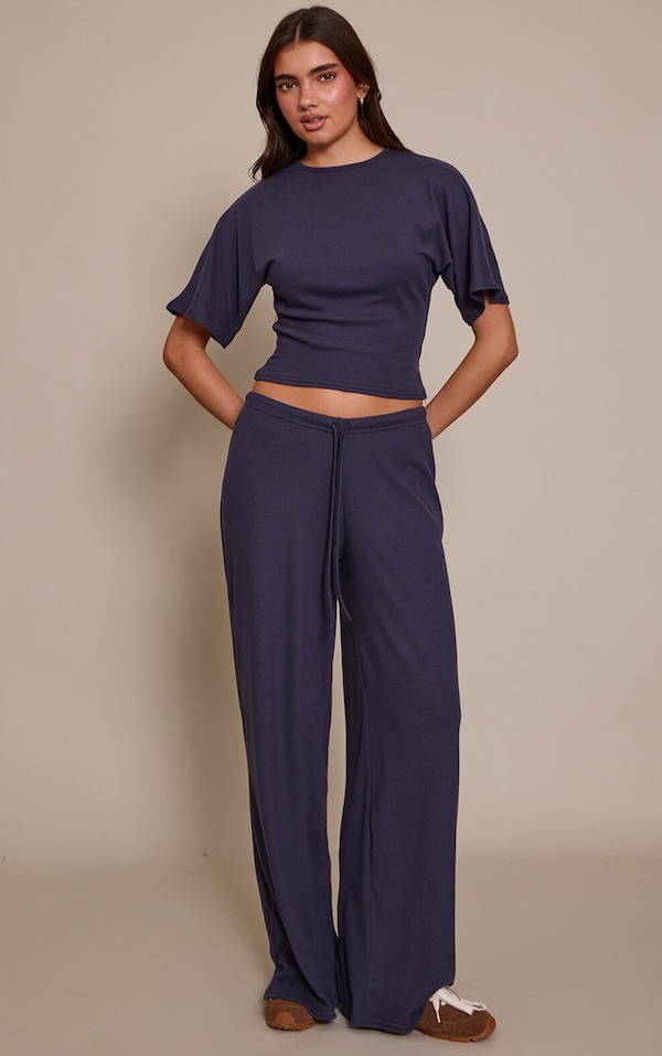 Navy Soft Touch Tie Waist Casual Trousers