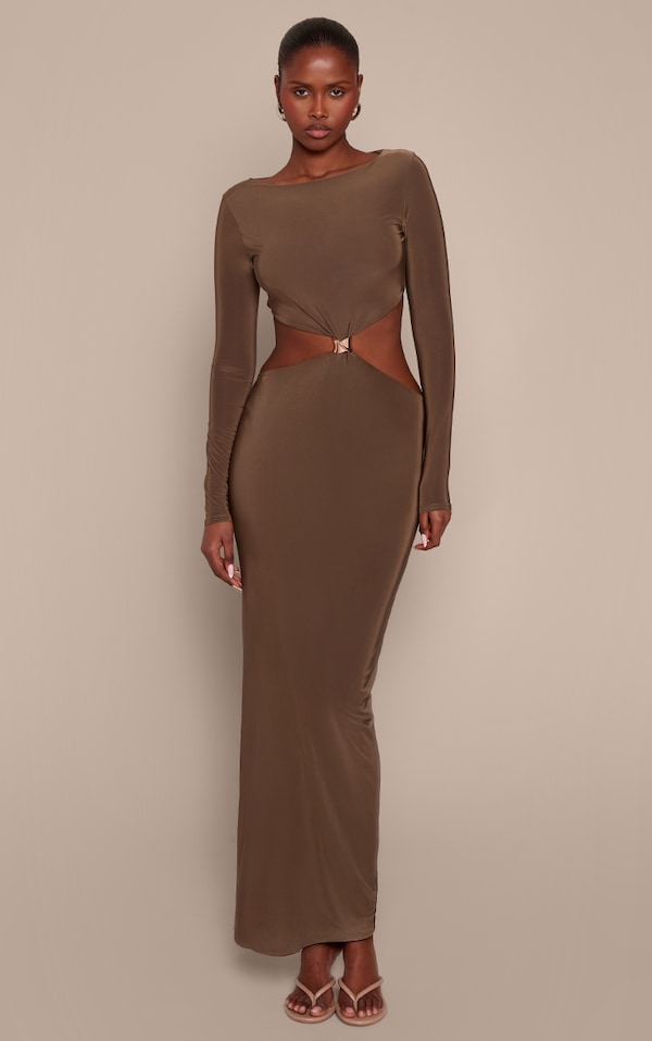Khaki Double Layer Slinky Long Sleeve Trim Detail Maxi Dress